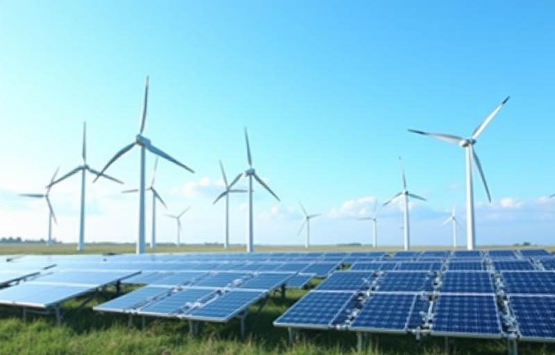 Solar panels and wind turbines in a green landscape